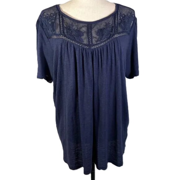 Caslon Tops - Caslon Embroidered Yoke Slub Jersey Knit Tee Navy Crew Neck Size XL